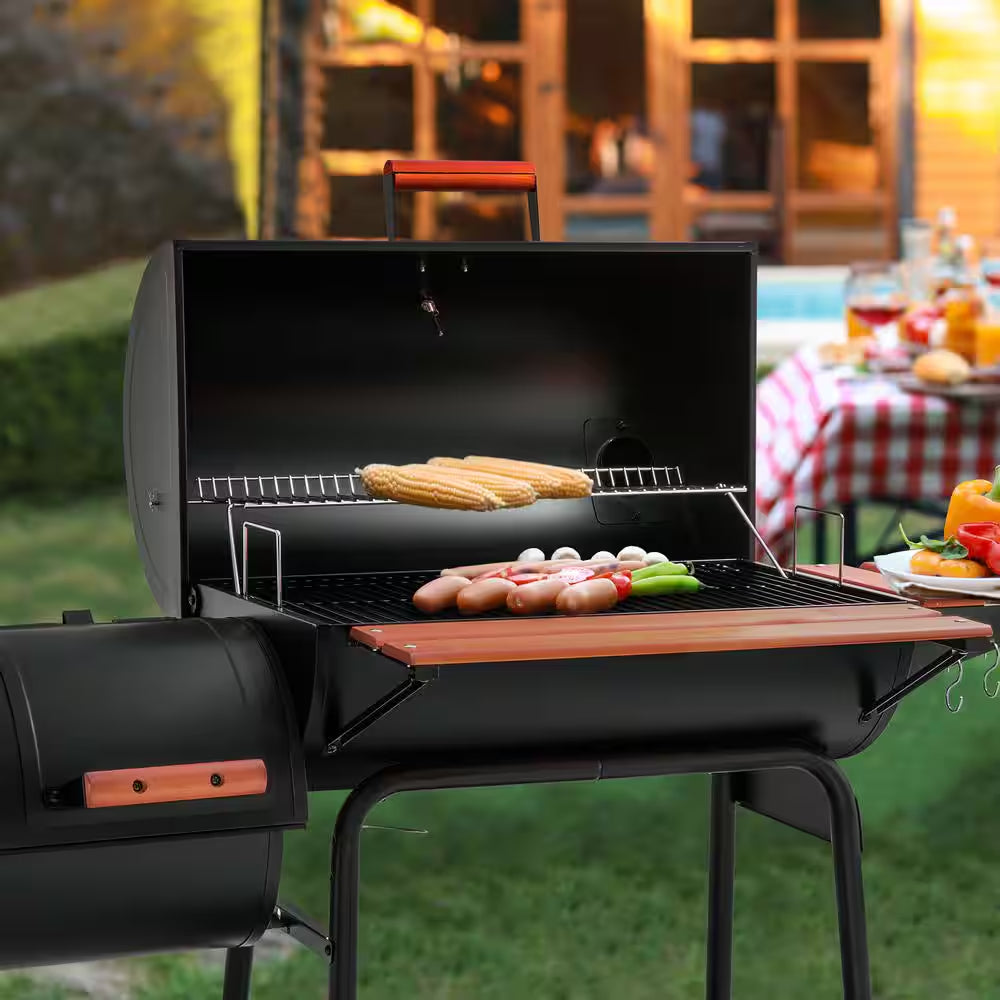 Barrel Charcoal Grill in Black with Offset Smoker, 811 Sq. In. Cooking Space, Wood-Painted Side Table
