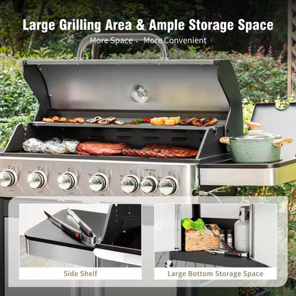 6-Burner Propane Gas Grill in Stainless Steel with Side Burner Hose and Regulator