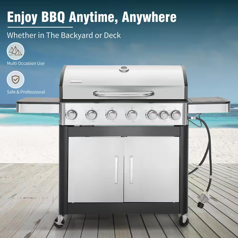 6-Burner Propane Gas Grill in Stainless Steel with Side Burner Hose and Regulator