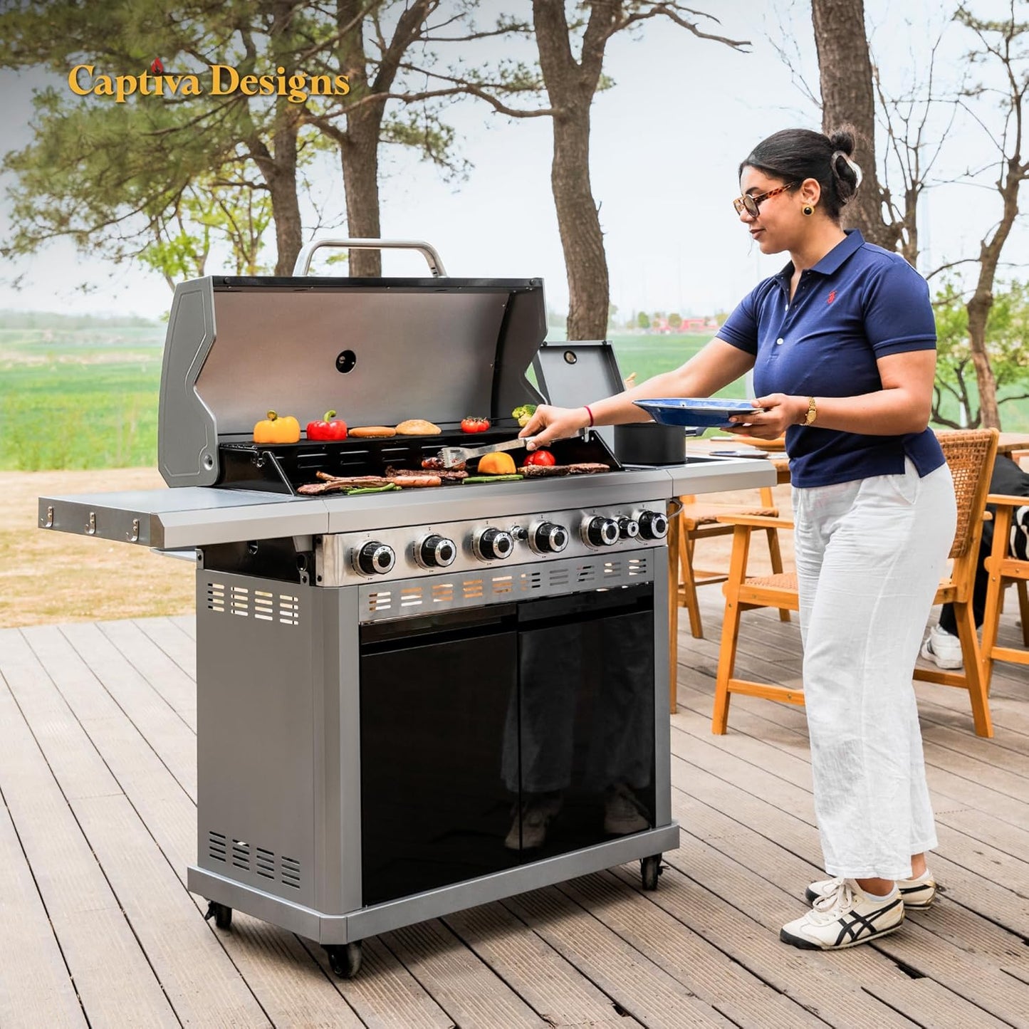 6-Burner Propane Gas BBQ Grill with Side Burner & Porcelain-Enameled Cast Iron Grate and Plate for Outdoor Barbucue Events, 52,000 BTU Output,740 SQ.IN. Cooking Area，Heavy Duty