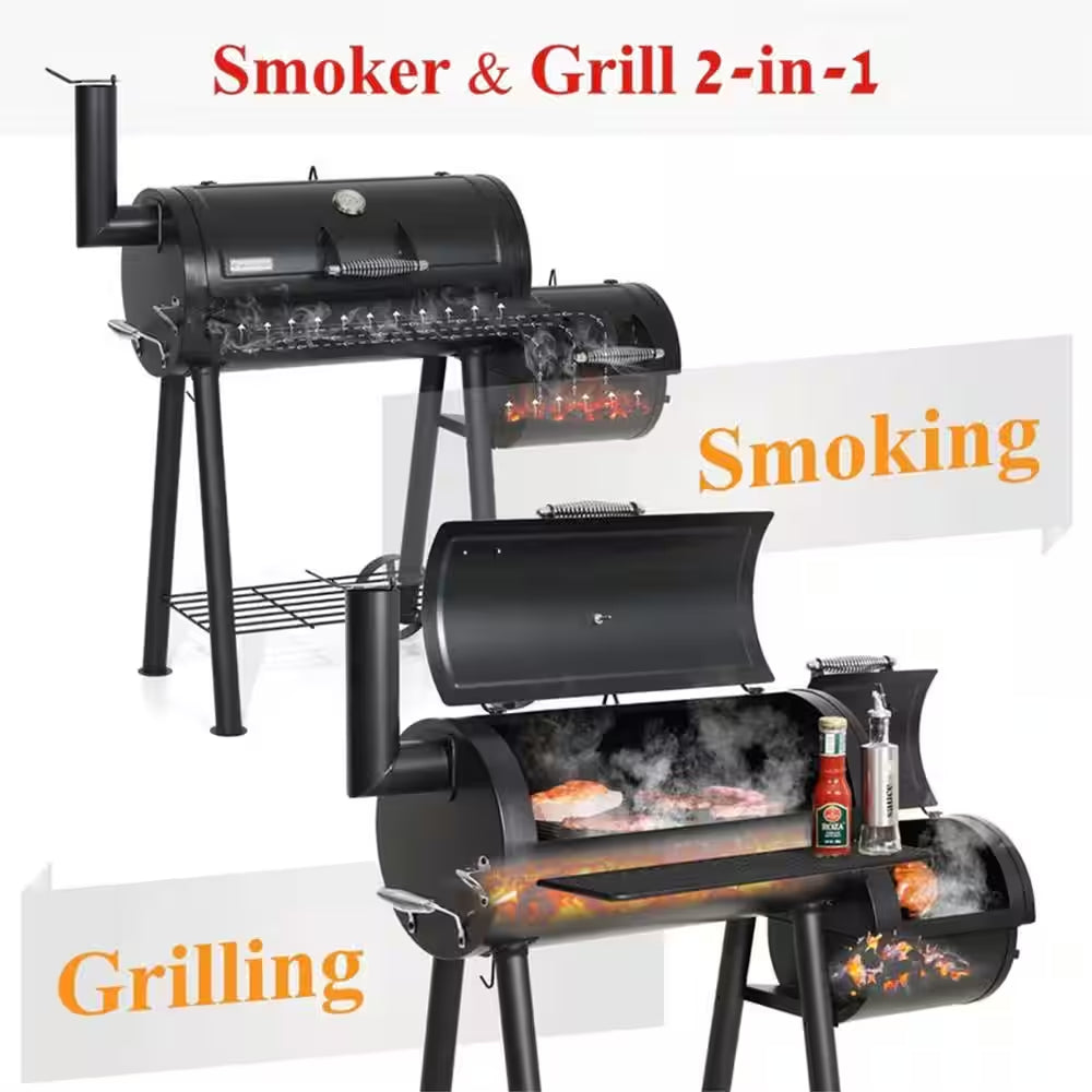 Offset-Design Charcoal Smoker in Black