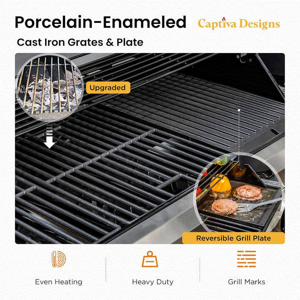 6-Burner Propane Gas BBQ Grill with Side Burner & Porcelain-Enameled Cast Iron Grate and Plate for Outdoor Barbucue Events, 52,000 BTU Output,740 SQ.IN. Cooking Area，Heavy Duty