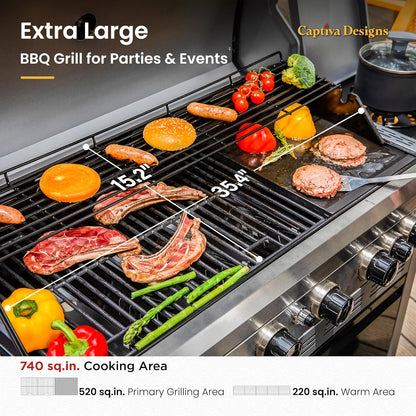6-Burner Propane Gas BBQ Grill with Side Burner & Porcelain-Enameled Cast Iron Grate and Plate for Outdoor Barbucue Events, 52,000 BTU Output,740 SQ.IN. Cooking Area，Heavy Duty