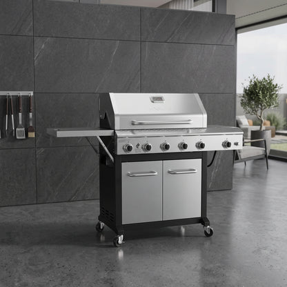 5-Burner Propane Gas Grill in Stainless Steel with Side Burner and Foldable Side Shelf