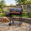 Barrel Charcoal Grill in Black with Offset Smoker, 811 Sq. In. Cooking Space, Wood-Painted Side Table