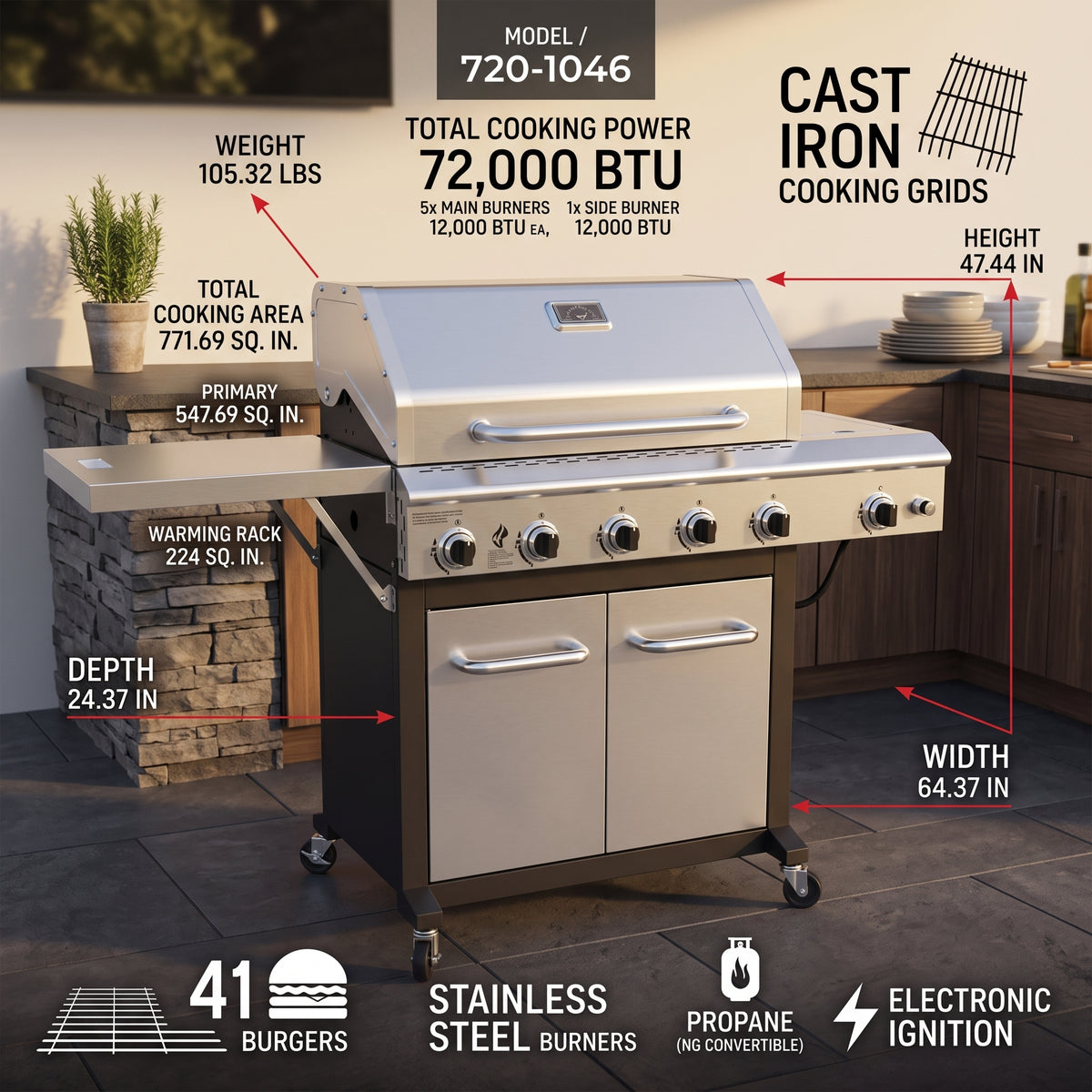 5-Burner Propane Gas Grill in Stainless Steel with Side Burner and Foldable Side Shelf