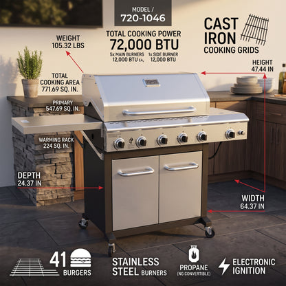 5-Burner Propane Gas Grill in Stainless Steel with Side Burner and Foldable Side Shelf