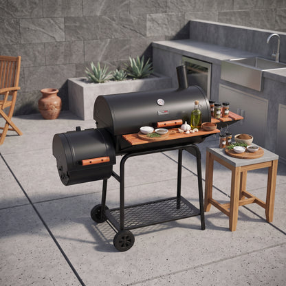 Barrel Charcoal Grill in Black with Offset Smoker, 811 Sq. In. Cooking Space, Wood-Painted Side Table