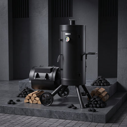 Vertical Charcoal Smoker Grill in Black with Extra Side Grill