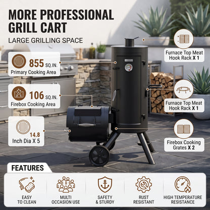 Vertical Charcoal Smoker Grill in Black with Extra Side Grill