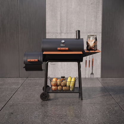 Barrel Charcoal Grill in Black with Offset Smoker, 811 Sq. In. Cooking Space, Wood-Painted Side Table