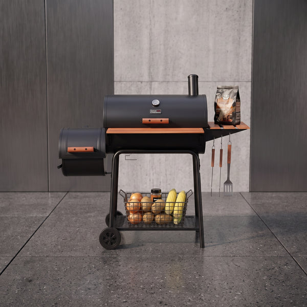 Barrel Charcoal Grill in Black with Offset Smoker, 811 Sq. In. Cooking Space, Wood-Painted Side Table