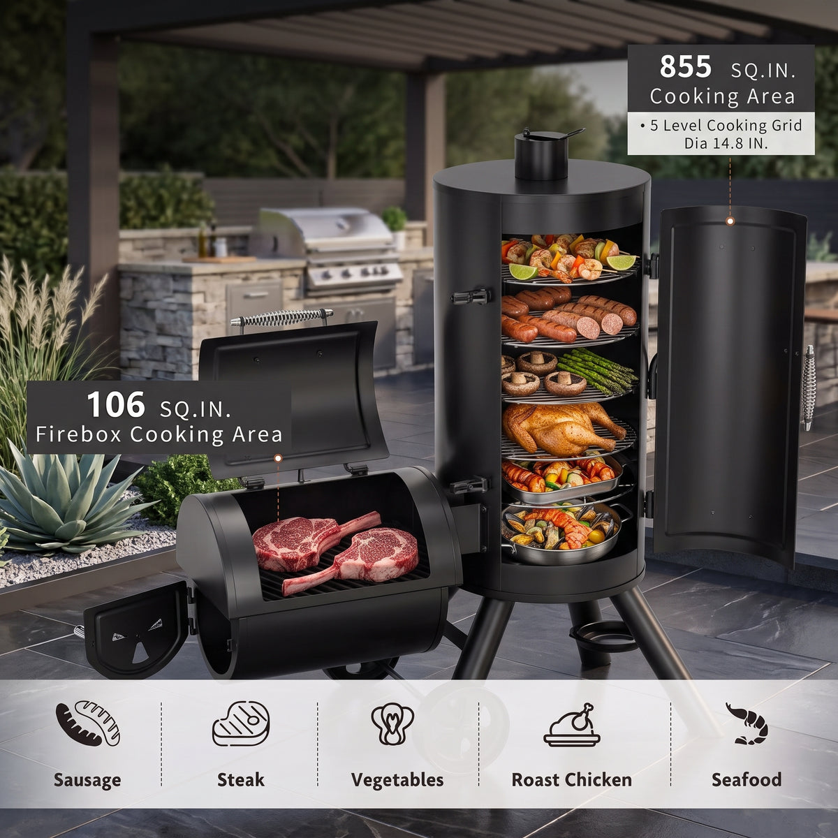 Vertical Charcoal Smoker Grill in Black with Extra Side Grill
