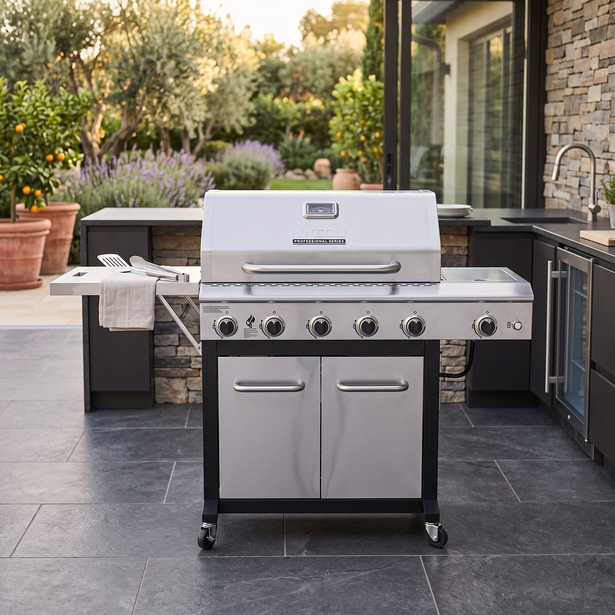 5-Burner Propane Gas Grill in Stainless Steel with Side Burner and Foldable Side Shelf
