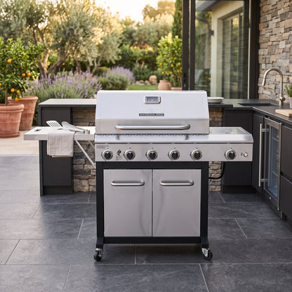 5-Burner Propane Gas Grill in Stainless Steel with Side Burner and Foldable Side Shelf