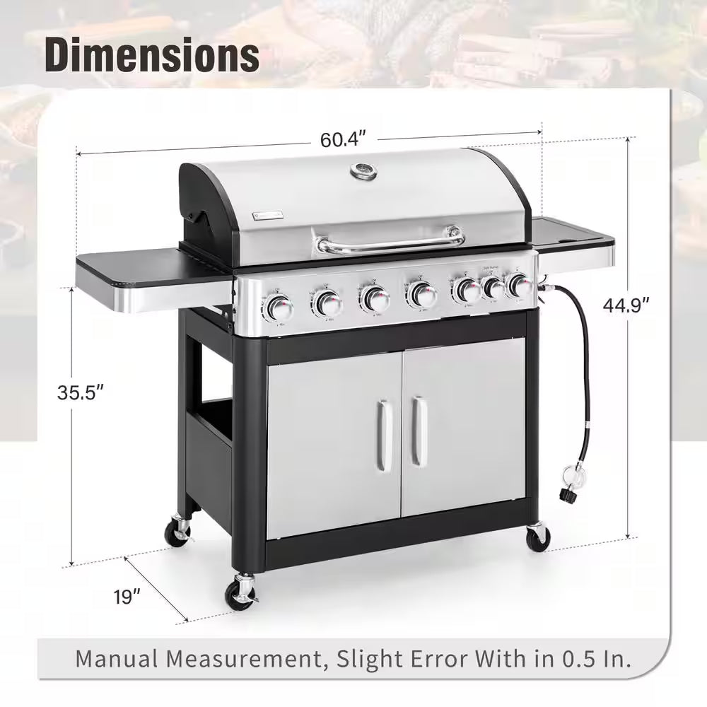 6-Burner Propane Gas Grill in Stainless Steel with Side Burner Hose and Regulator