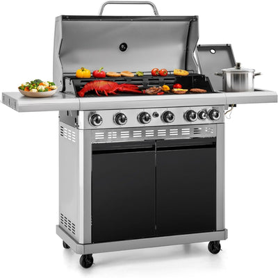 6-Burner Propane Gas BBQ Grill with Side Burner & Porcelain-Enameled Cast Iron Grate and Plate for Outdoor Barbucue Events, 52,000 BTU Output,740 SQ.IN. Cooking Area，Heavy Duty