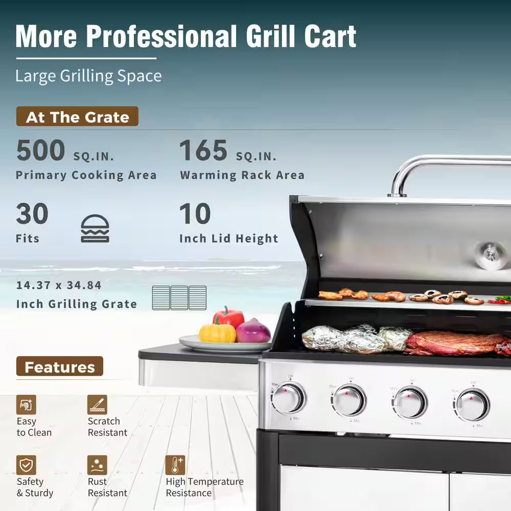6-Burner Propane Gas Grill in Stainless Steel with Side Burner Hose and Regulator