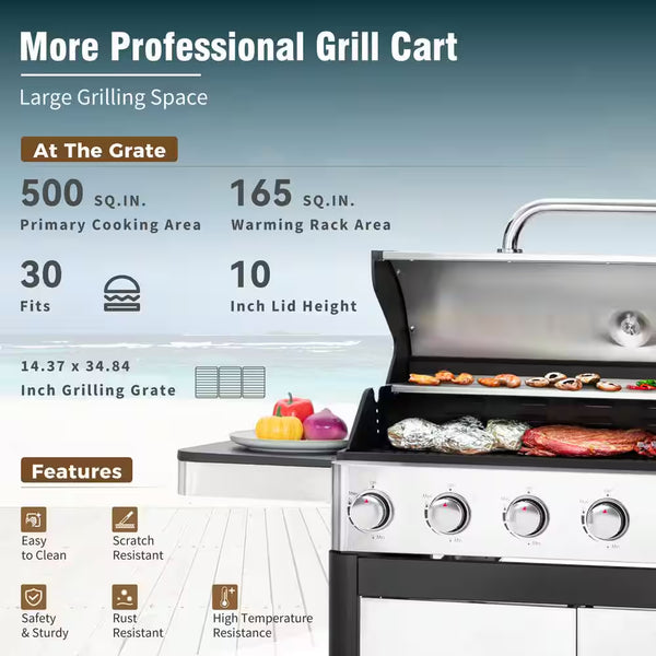 6-Burner Propane Gas Grill in Stainless Steel with Side Burner Hose and Regulator