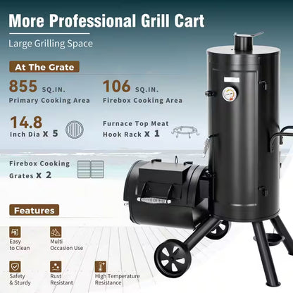 Vertical Charcoal Smoker Grill in Black with Extra Side Grill