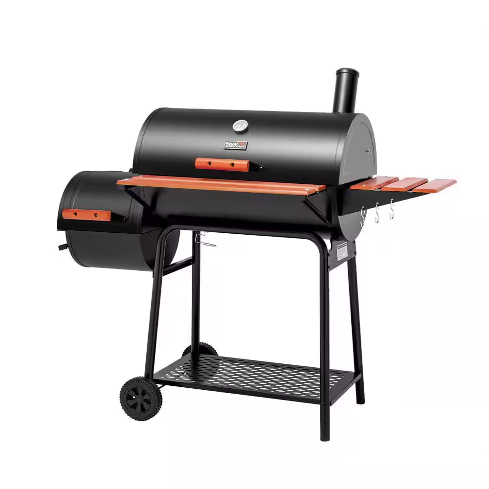 Barrel Charcoal Grill in Black with Offset Smoker, 811 Sq. In. Cooking Space, Wood-Painted Side Table
